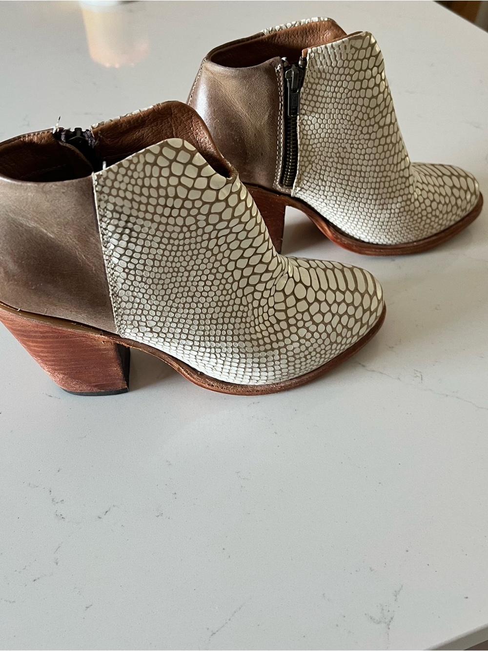 freebird Two-Tone Snake-Print and Brown Leather Ankle Booties